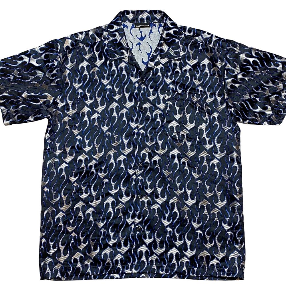 Vintage ODO Button-Down Shirt Mens XL Black Metallic Silver And Blue Flames Y2K